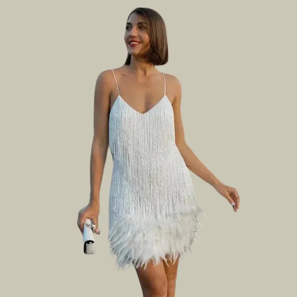 White Emma fringe hem mini dress front view with the feather trimmed hem