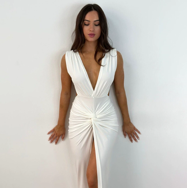 Women's Front Slit Plunging Maxi Dress in White, front view on model - Mireia