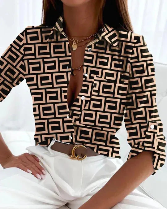 Women's Geometric Print Long Sleeve Blouse in Brown, front view of the print – Ylva