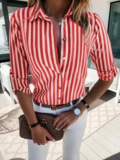 Women's Geometric Print Long Sleeve Blouse in Red stripe, front view with belt – Ylva