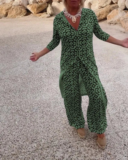 Gavriella women's geometric V-neck two-piece set in green, front view