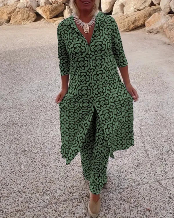 Gavriella green geometric print set, standing front view of tunic and trousers