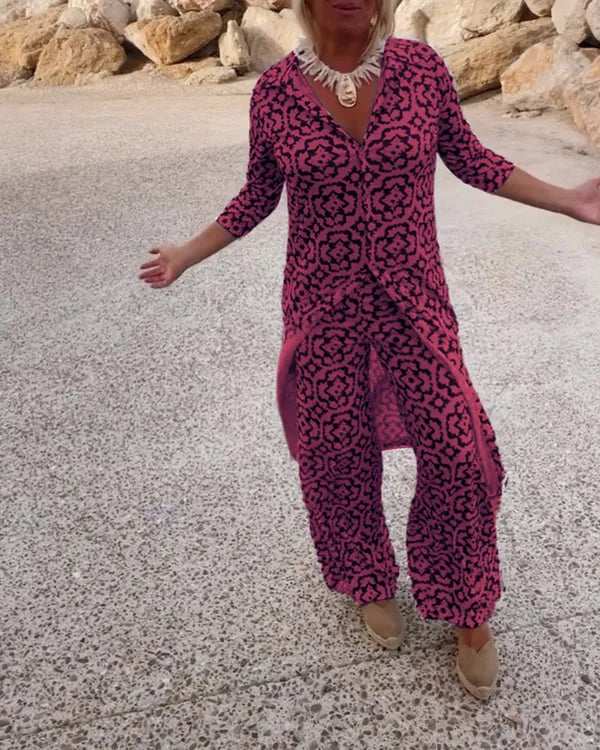 Gavriella pink red geometric set, model walking outdoors front view