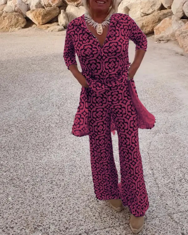 Gavriella pink red geometric two-piece set, tunic top over wide leg trousers