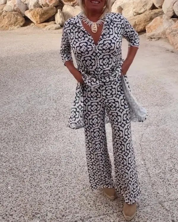 Gavriella white geometric two-piece set, long tunic top over wide leg pants