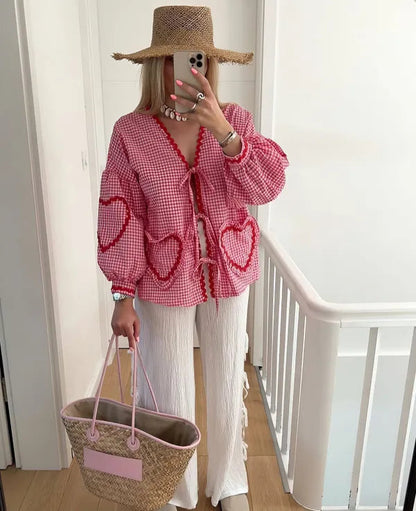 Women's Gingham Heart Print Tie Front Blouse in Dark Pink, full front view – Cressida