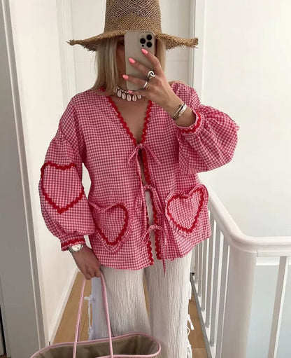 Women's Gingham Heart Print Tie Front Blouse in Dark Pink, close-up of the ties – Cressida
