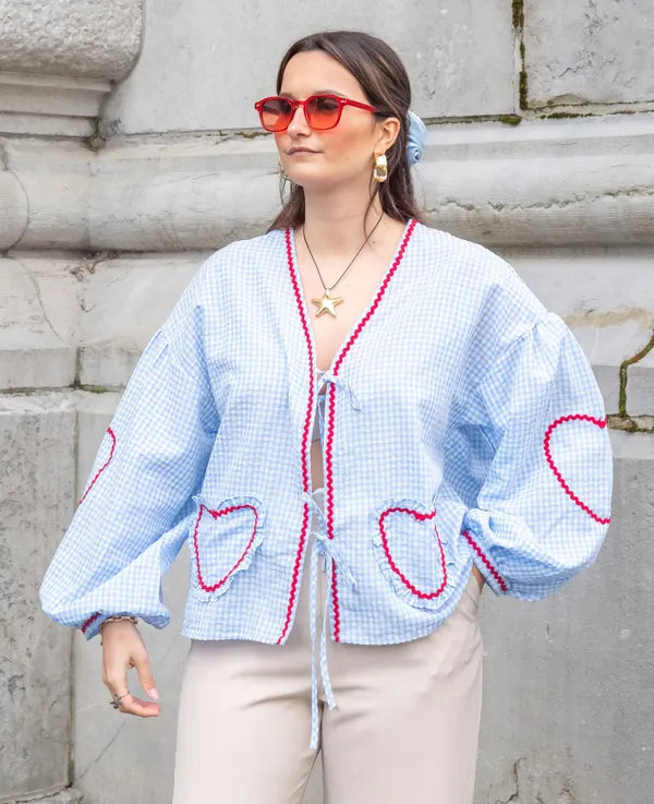 Women's Gingham Heart Print Tie Front Blouse in Light Blue, front view on model – Cressida
