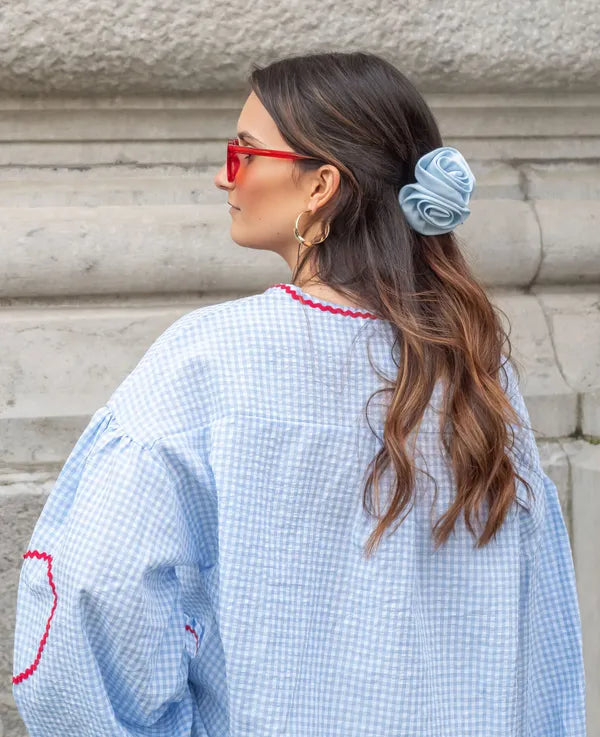 Women's Gingham Heart Print Tie Front Blouse in Light Blue, back view on model – Cressida