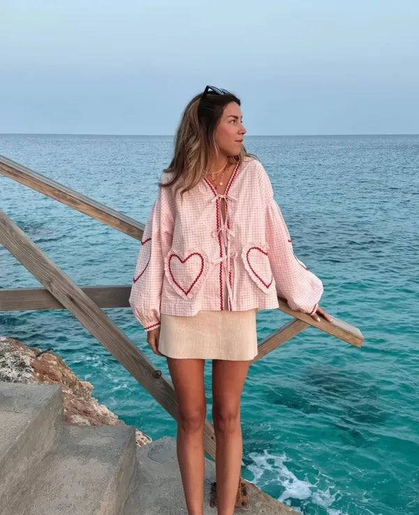 Women's Gingham Heart Print Tie Front Blouse in Pink, full front view outdoors – Cressida