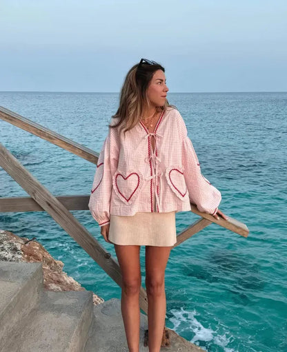 Women's Gingham Heart Print Tie Front Blouse in Pink, full front view outdoors – Cressida