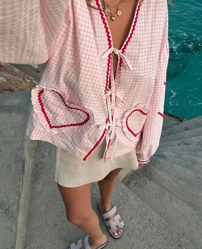 Women's Gingham Heart Print Tie Front Blouse in Pink, close-up of heart pockets – Cressida