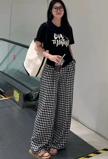 Siobhan Women's Gingham Palazzo Trousers in black and white check, front view