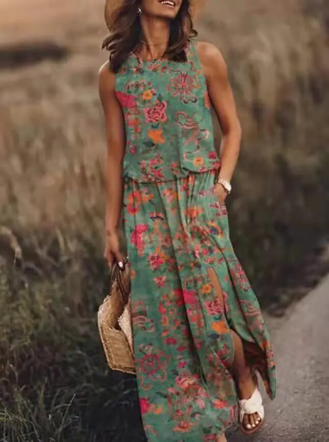 Green Lucianna graphic print sleeveless maxi dress with coral flowers, front view on model