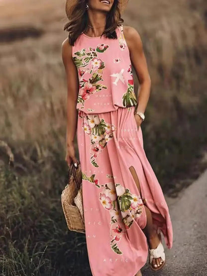 Lucianna pink graphic print sleeveless maxi dress, front view on model walking a country road