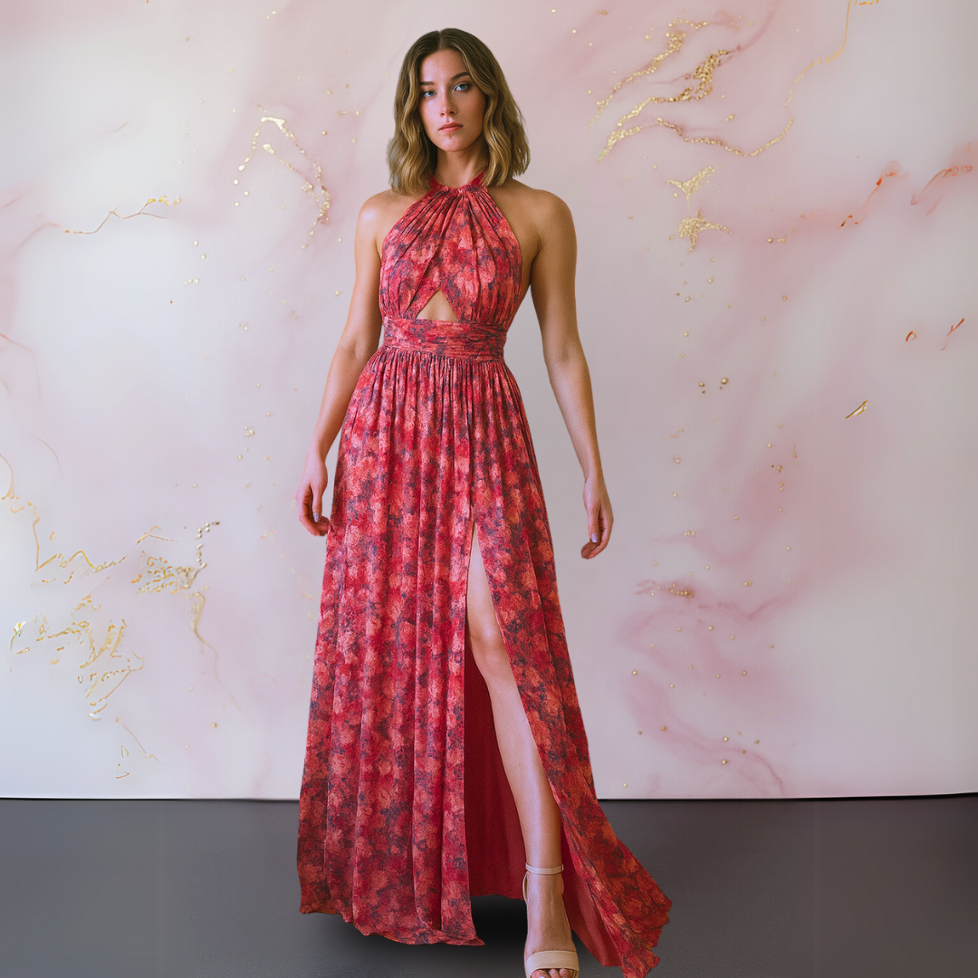 Fuschia Amoret halter backless maxi dress, front view with high slit on studio backdrop