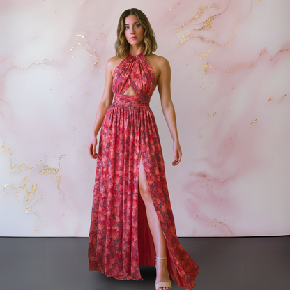 Fuschia Amoret halter backless maxi dress, front view with high slit on studio backdrop