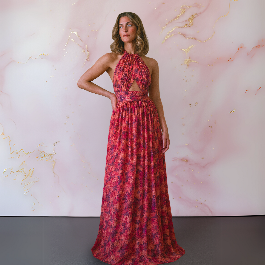 Fuschia floral Amoret halter maxi dress, front view showing keyhole cut-out at the bust