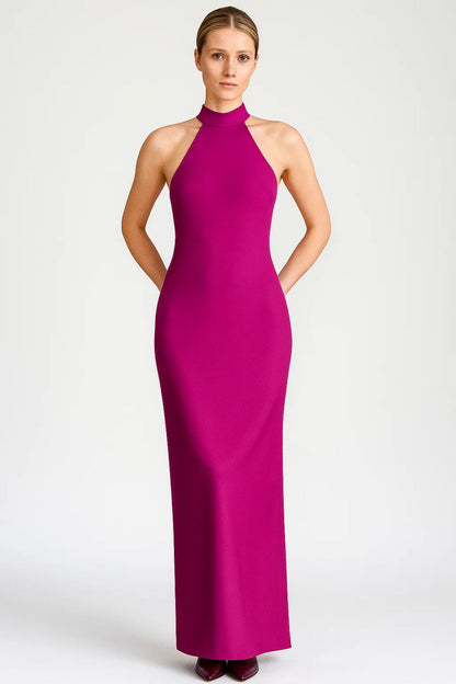 Hot pink Almodis halter neck maxi dress, slim column silhouette shown from the front