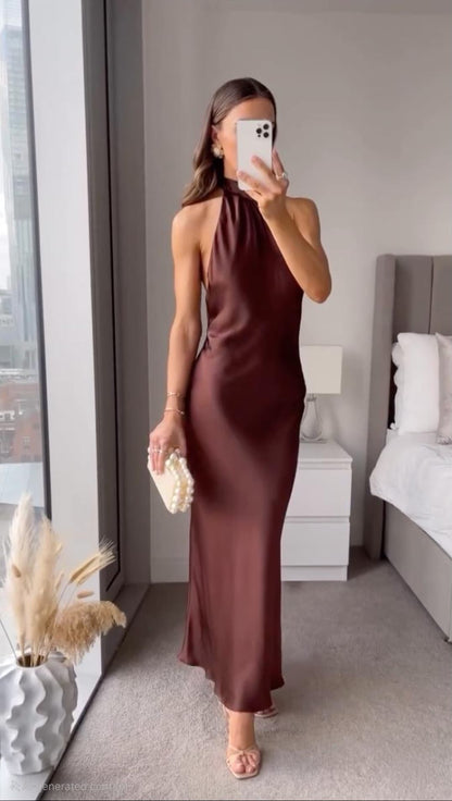Brown Juniper halter neck open back maxi dress, front view in a satin column silhouette