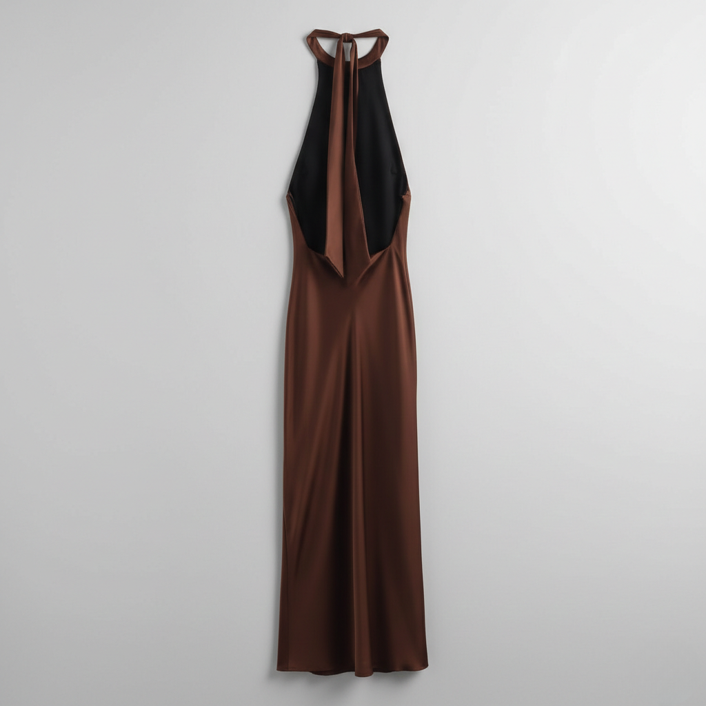 Brown Juniper open back maxi dress photographed flat from behind, showing the deep back