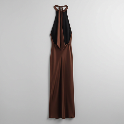 Brown Juniper open back maxi dress photographed flat from behind, showing the deep back