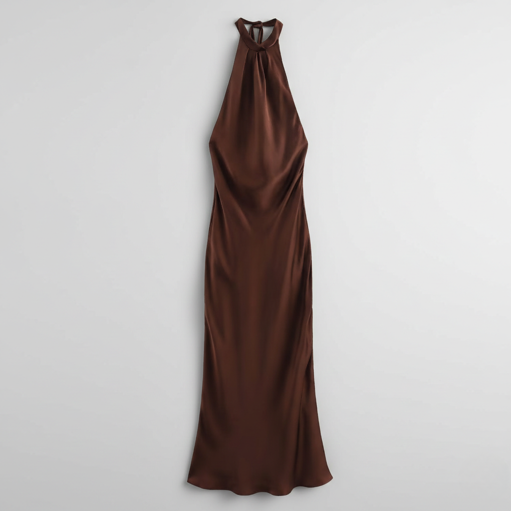 Brown Juniper halter neck maxi dress laid flat, full front view of the satin silhouette