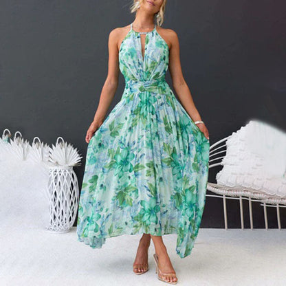 Bianca halter pleated maxi dress in green watercolour floral, full front view on model