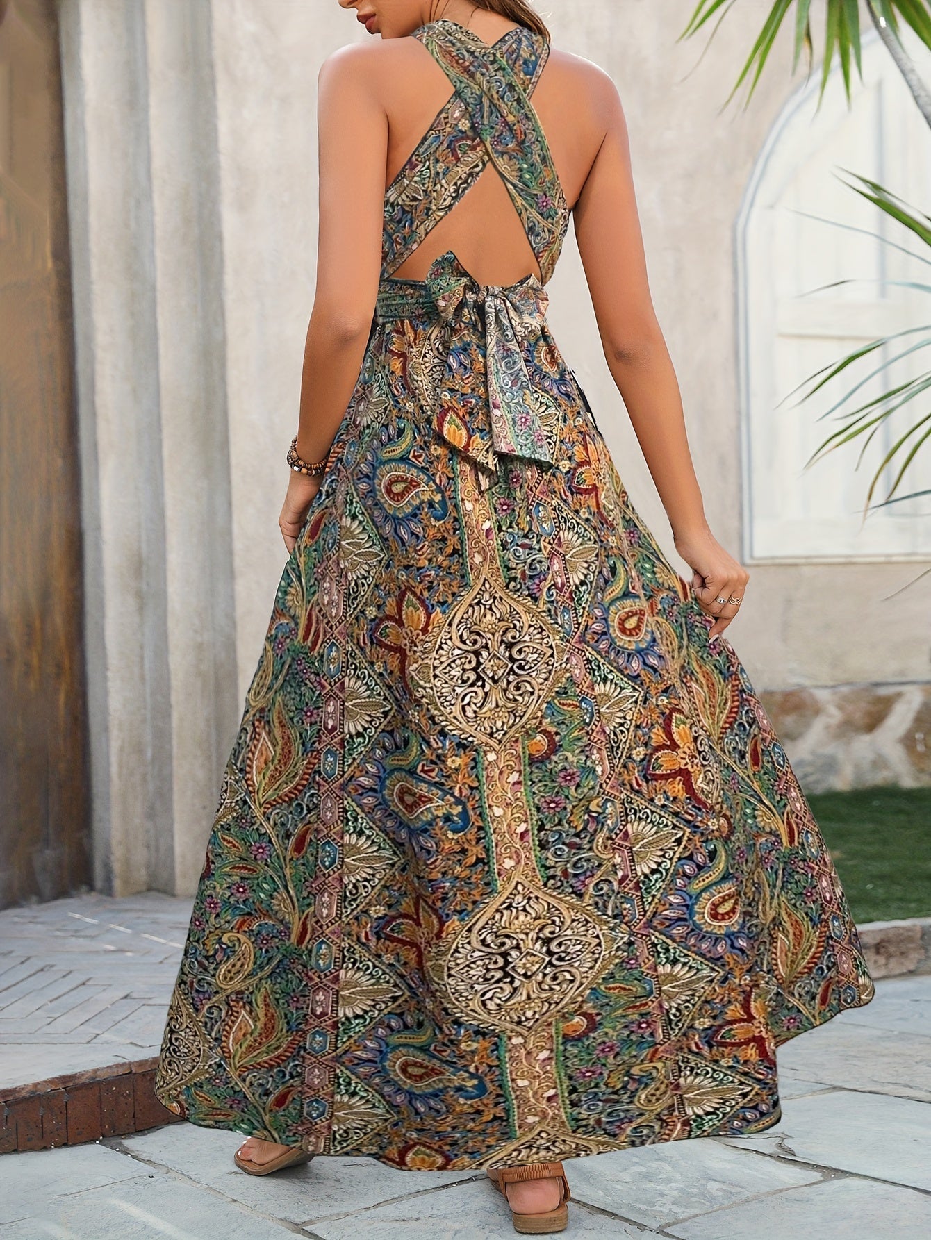 Odile multicolor halter printed maxi dress from behind, crossed straps and tie back