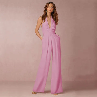 Pink Rosette women's halter wide-leg cocktail jumpsuit, front view on the model