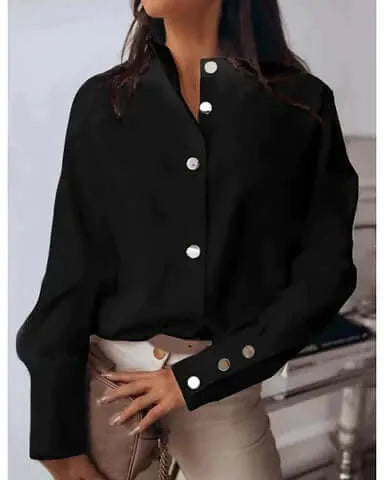 Women's High-Cuff Long Sleeve Blouse in Black, front view on model – Danica