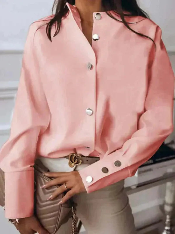 Women's High-Cuff Long Sleeve Blouse in Pink, front view with the wide cuffs – Danica