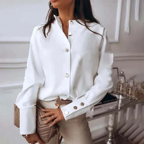 Women's High-Cuff Long Sleeve Blouse in White, front view with metal buttons – Danica