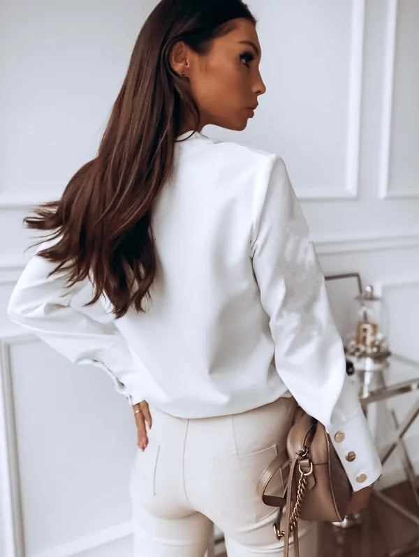 Women's High-Cuff Long Sleeve Blouse in White, back view showing the fit – Danica