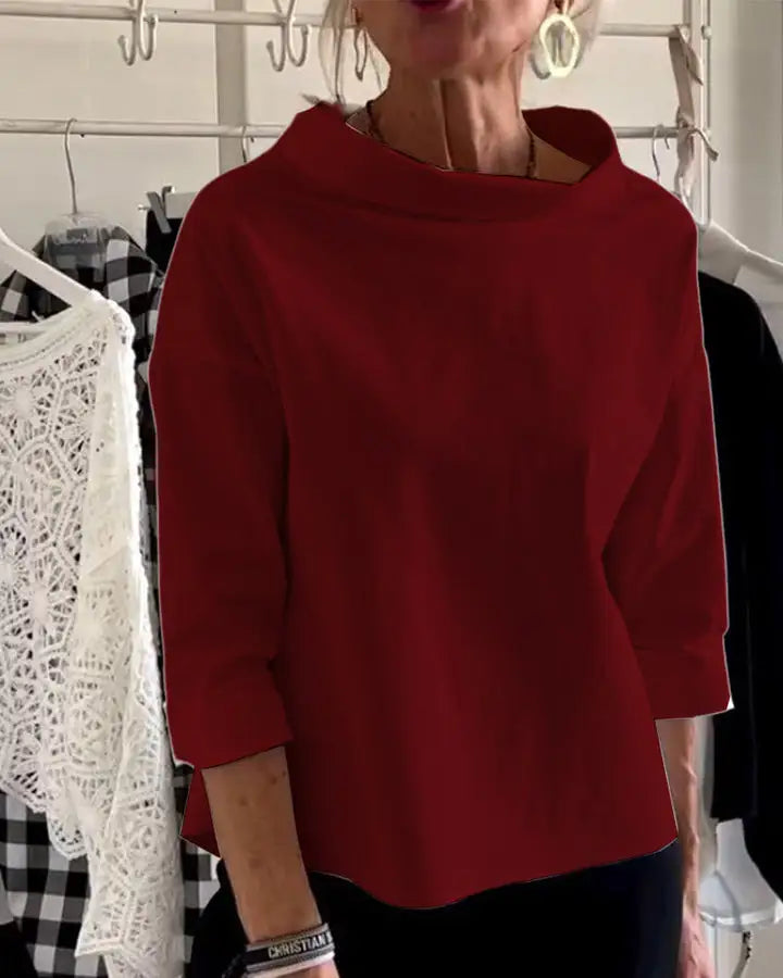Daciana Women's High Neck 3/4 Sleeve Top in burgundy, front view on model
