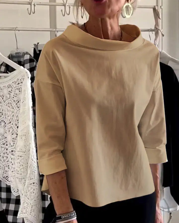 Daciana Women's High Neck 3/4 Sleeve Top in khaki, front view of relaxed fit