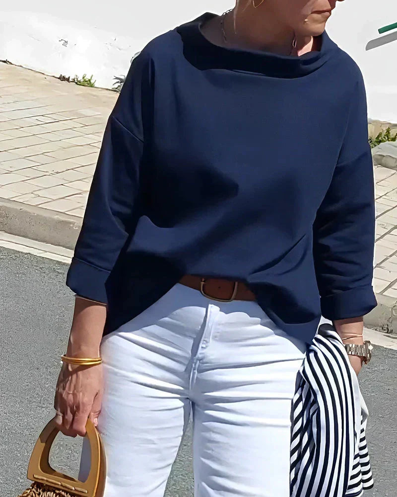 Daciana Women's High Neck 3/4 Sleeve Top in navy blue, outdoor front styling view
