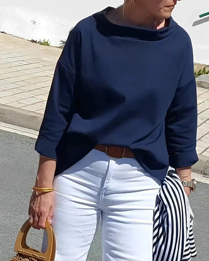 Daciana Women's High Neck 3/4 Sleeve Top in navy blue, outdoor front styling view