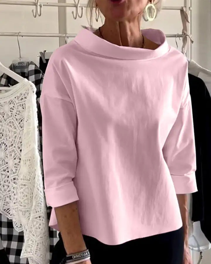 Daciana Women's High Neck 3/4 Sleeve Top in pink, front view of funnel neckline
