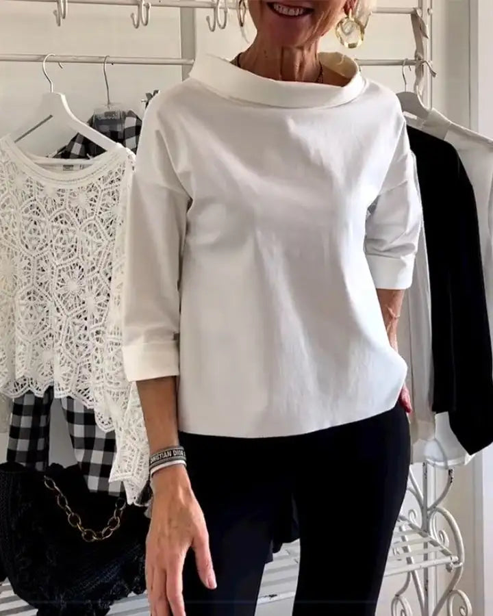 Daciana Women's High Neck 3/4 Sleeve Top in white, front view on model