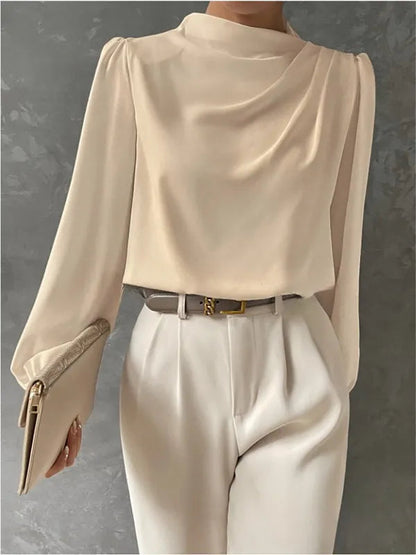 Women's High Neck Long Sleeve Blouse in Off White, front view on model – Zélie