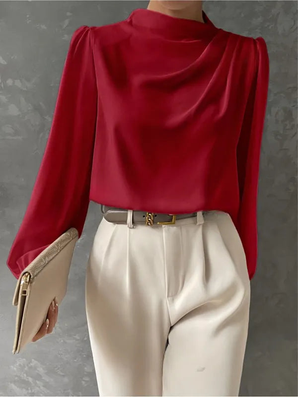 Women's High Neck Long Sleeve Blouse in Red, front view with white trousers – Zélie