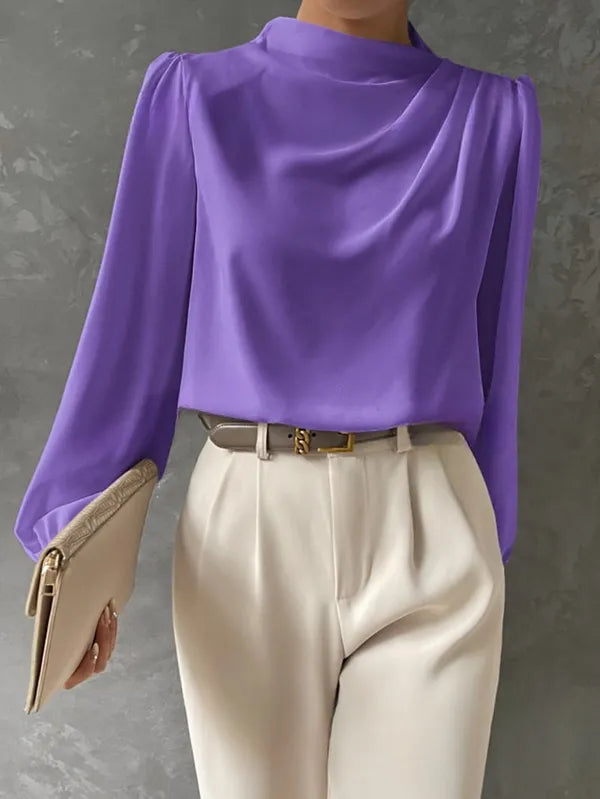 Women's High Neck Long Sleeve Blouse in Violet, front view with a slim belt – Zélie