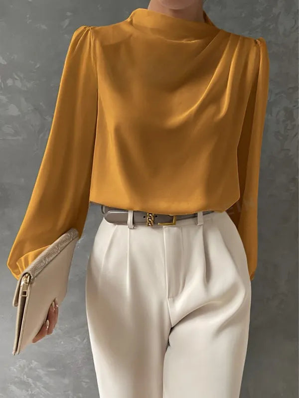 Women's High Neck Long Sleeve Blouse in Yellow, front view on model – Zélie