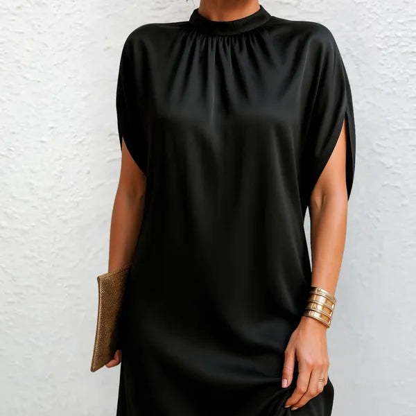 Black Rose high neck mini dress front view showing cap sleeves and satin drape