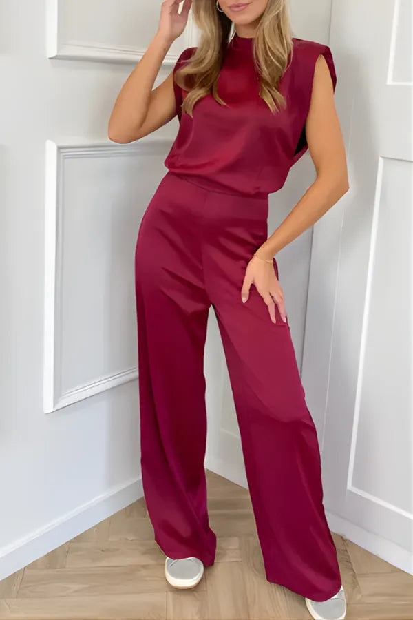 Wine red Wenda women's high neck padded shoulder jumpsuit on model, front view