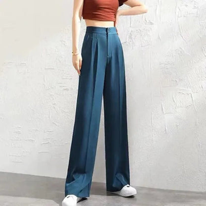 Gabrielle Women's High-Rise Drape Trousers in teal blue, front view on model