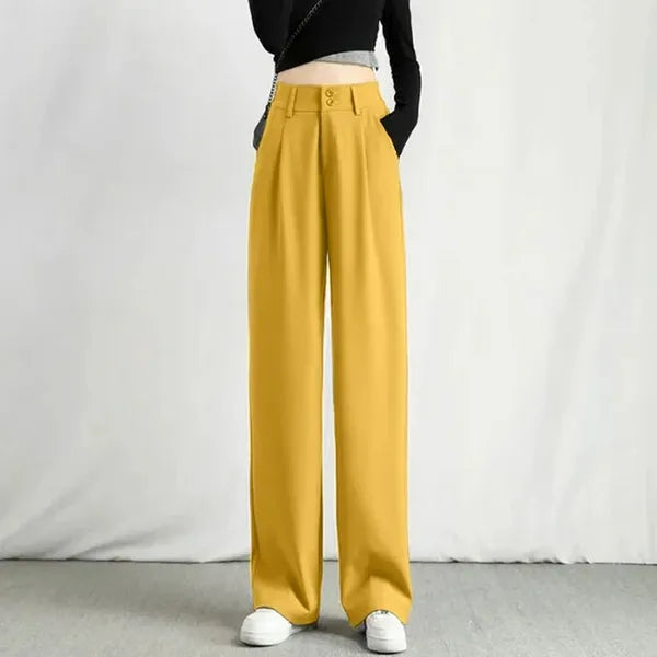 Gabrielle Women's High-Rise Drape Trousers in mustard yellow, front view on model