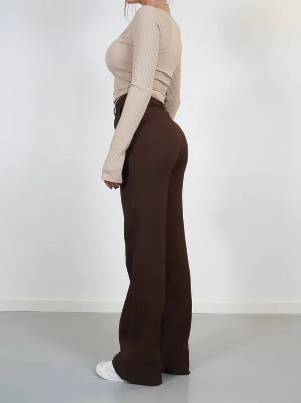 Eloise Women's High-Rise Pintuck Flowy Trousers in brown, side view on model