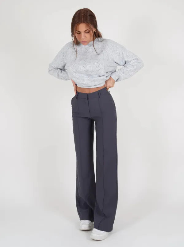 Eloise Women's High-Rise Pintuck Flowy Trousers in charcoal gray, front view on model
